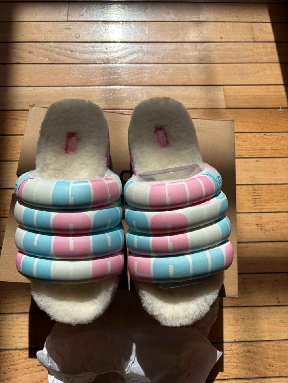 UGG Pink and Blue Puffy Shearling Slide Platforms